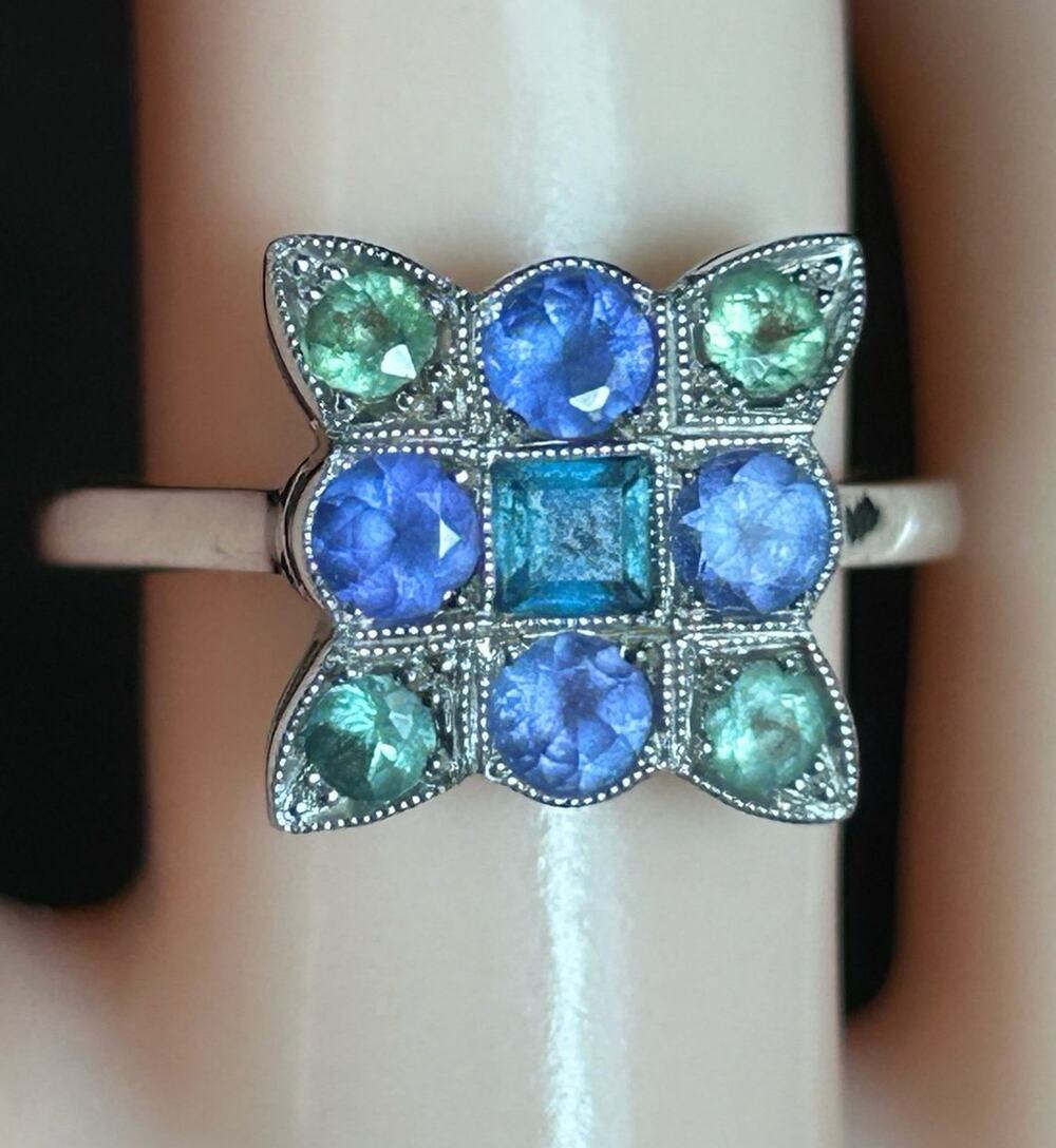 14k white gold Cecile Raley Designs custom mosaic multi-gemstone ring size 7